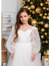 Long Sleeves Ivory Delicate Lace Tulle Flower Girl Dress
